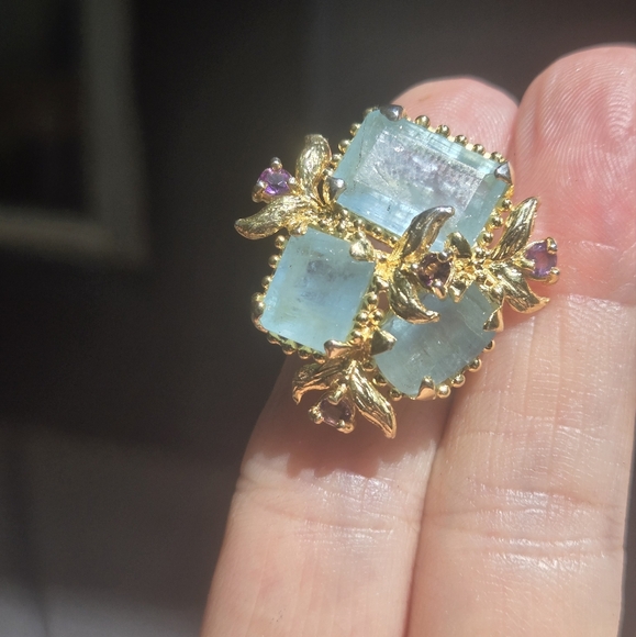 Aquamarine & Amethyst sterling & gold ring sz7.75 - Picture 5 of 10